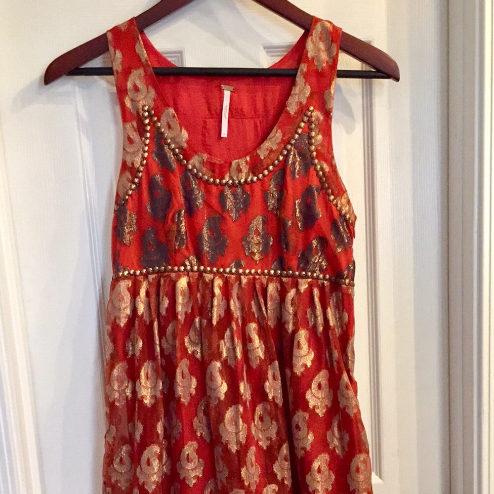 Free People Red & Gold Embroidered Dress
